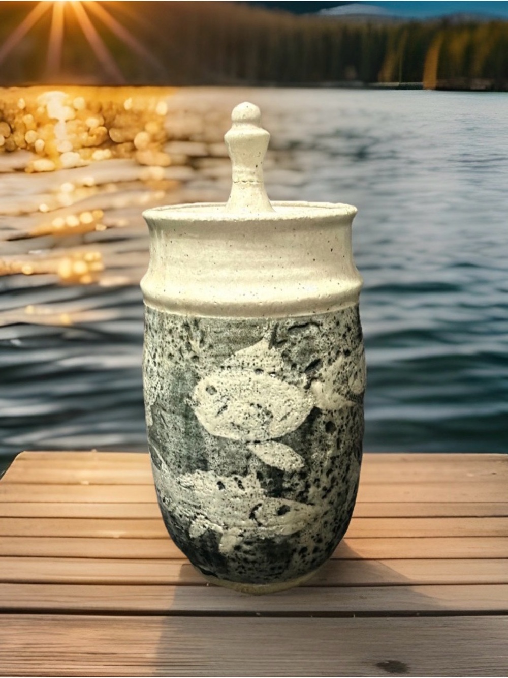 Paige Signed Studio Pottery Lidded Canister Fish Motif Speckled Stoneware Jar
